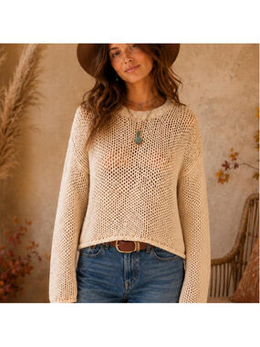 Brandy Melville cream knit sweater with openwork pattern, one size #brandymelvil